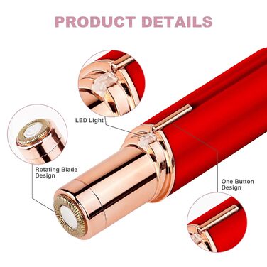 Електричний прилад для видалення волосся з обличчя URAQT для жінок, USB, безболісний триммер для обличчя, тіла, губ та підборіддя з LED-підсвічуванням, рожеве золото (червоний)
