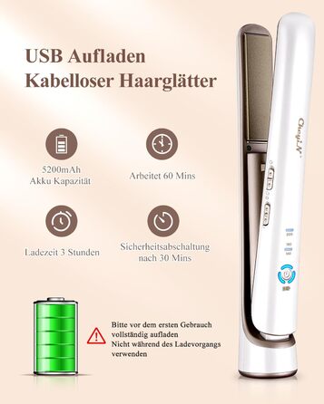 CkeyiN Бездротовий випрямляч для волосся, 2-в-1 випрямляч та завивка, міні-подорожний, керамічний, USB, білий