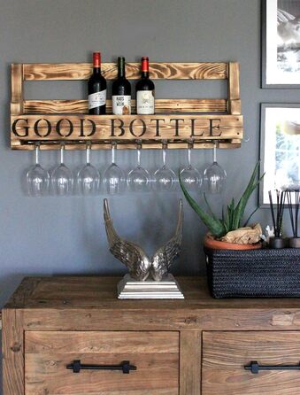 Wooden Wall-Mounted Wine Rack - with Glass Holder and VINO Sign - Flamed - Fully Assembled - Shelf for Wine Bottles and Glasses (Brown / Flamed (with Black Good Bottle Sign))