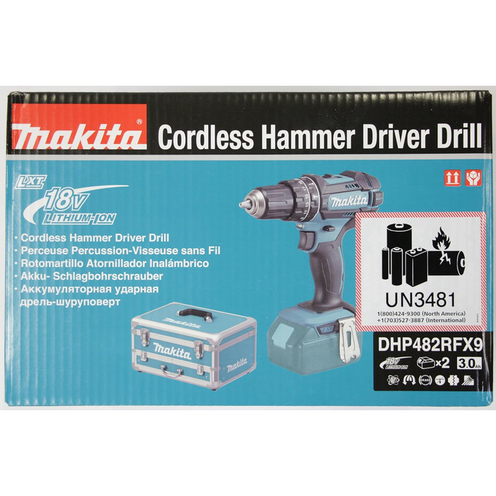Ударний дриль-шуруповерт Makita DHP482RFX9 18V, 3.0 Ah, 2 акумулятори + зарядний пристрій в алюмінієвому кейсі, Petrol, комплект з 96 аксесуарів