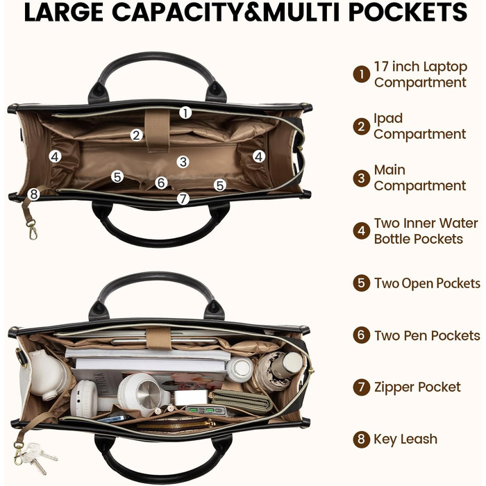 Сумка для ноутбука LOVEVOOK жіноча водонепроникна для роботи, університету (17 дюймів, чорно-бежева). Бізнес-сумка, портфель, сумка для вчителя зі шкіри.