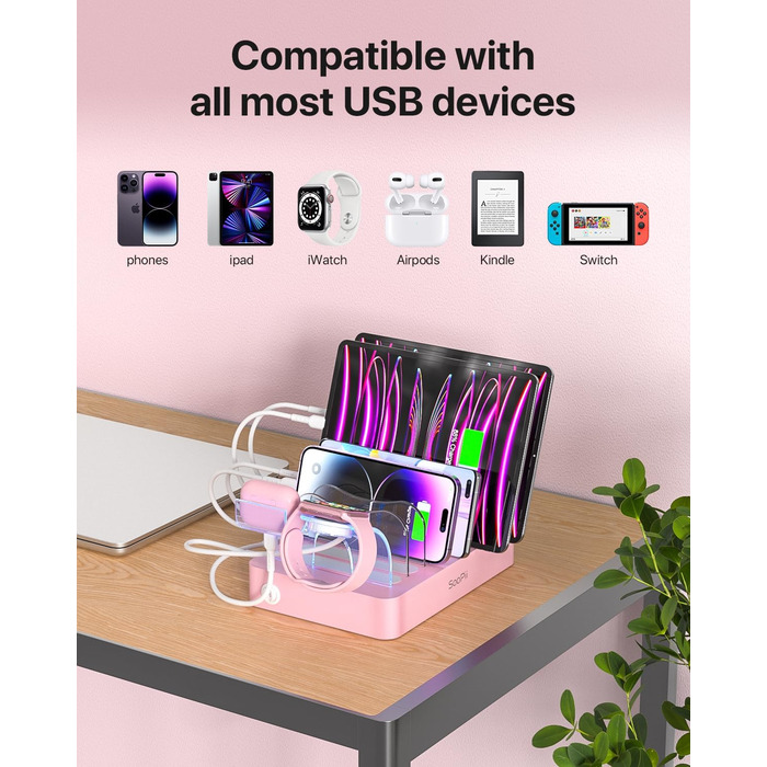Зарядна станція SooPii USB з органайзером на 6 портів 50W + 6 кабелів + тримач для iWatch, біла (Рожева)
