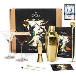 Коктейльний набір Cocora Martini 8 предметів: шейкер, келихи для Мартіні, книга рецептів, подарункова упаковка (золото)
