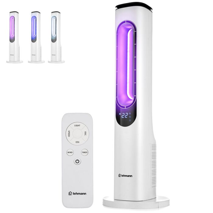 Вентилятор баштовий LEHMANN з пультом ДУ та LED-дисплеєм, тихий, нічний режим, таймер 15 год, 3 кольори світла, 3 режими, 3 швидкості, без лопатей