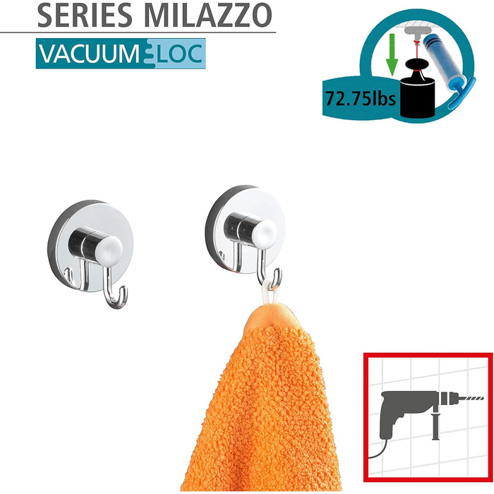 WENKO Vacuum-Loc® Bathroom Wall Shelf Quadro Maxi, no drilling required, with 2 tiers, 38.5 x 8.5 x 14.5 cm & Vacuum-Loc® Wall Hooks, set of 2, towel hooks, each 6 x 6.7 x 5 cm