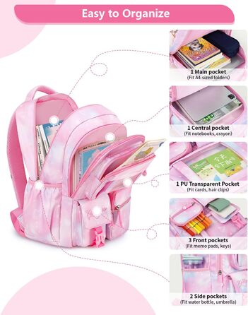 Шкільний рюкзак Tanou для дівчаток 1-4 клас, рожевий, з водонепроникного нейлону, дихаючий