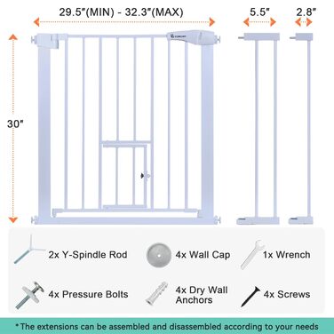 Захист для дверей COMOMY з люком для котів, 75-103см. Захист для собак та котів без свердління, автозакривання, розширюваний. Білий
