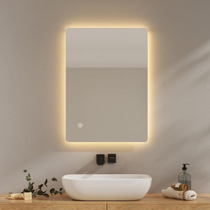 Дзеркало для ванної кімнати EMKE з підсвічуванням 50x70 см, проти запотівання, 3 кольори світла, диммування, сенсорне управління, функція пам'яті та автоматичне вимкнення через 3 години