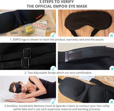Маска для сну EMPO з м'якої пам'яті (Memory Foam), 3D, з регульованими ремінцями та берушами