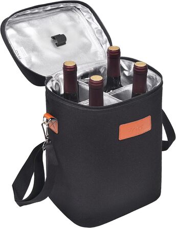 Kato Tirrinia Insulated Wine Cooler Bag, 4 Bottle Cooler Bag Wine Bag Beverage Bags with Handle and Adjustable Shoulder Strap, Gift for Wine Lovers for Picnic, Party, Beach (Cooler for 4 Bottles - Black)