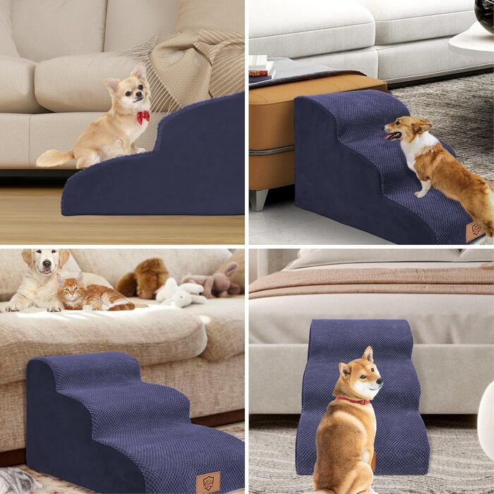 Masthome Dog Stairs for Small Dogs, 4 Steps Pet Stairs with Washable Cover, 52cm High Cat Stairs for High Beds, Dog Ramp Ladder, Removable, Black (3 Step Dog Stairs - Blue)