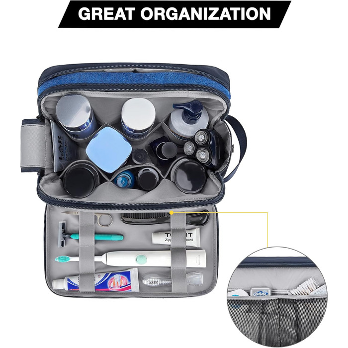 Чоловіча дорожня косметичка BAGSART з подвійним замком, об'єм 5л, темно-сіра (з синьою шкіряною фольгою)