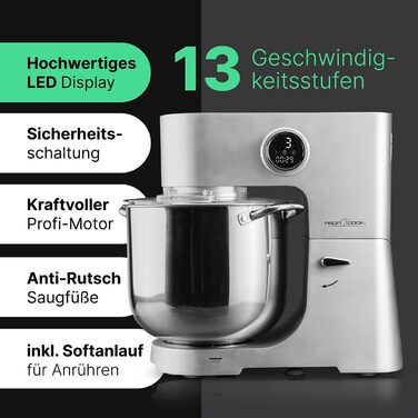Кухонна машина ProfiCook KM 1254 з великою чашею 12л, потужний 2500W мотор, металеве редуктор та LED-дисплей | Харчовий процесор для тіста до 8,5 кг, 13 швидкостей
