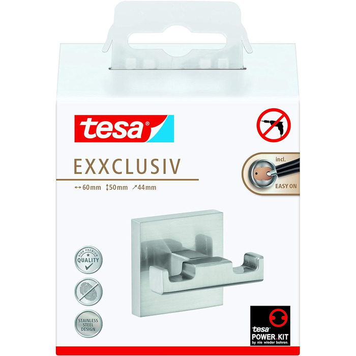 Подвійний настінний гачок tesa EXXCLUSIV хромований, самоклеючий (без свердління), 160x99x45 мм