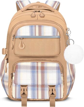 Шкільний рюкзак Tanou для дівчаток, ергономічний, великий, модний в клітинку, для підлітків, для подорожей (коричневий)