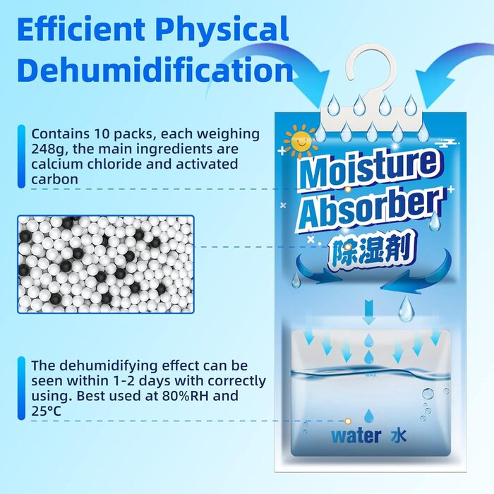 CONOPU 10 Packs x 248g (2.5KG) Hanging Air Dehumidifiers, Dehumidifier Granules, Free Yourself from Moisture for Basements, Bedrooms, Bathrooms, Eliminate Unpleasant Odors, OZ04CSD04