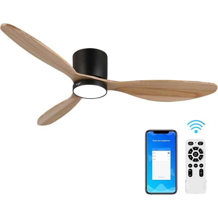 Вентилятор стельовий Reiga з пультом, 132см, з лампою, 6 швидкостей, Smart Alexa, колір дерева