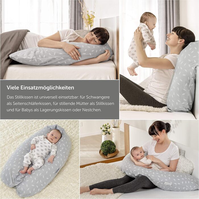 Theraline Original Nursing Pillow & Pregnancy Pillow - 190cm including 100% cotton cover - Filling with quiet micro beads - Positioning pillow, tested for harmful substances - Leaves Grey White