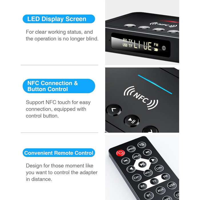 Bluetooth 5.0 Аудіоадаптер 3-в-1 для TV, PC, стереосистеми: передавач, приймач, FM-передавач з пультом, HiFi підсилювач