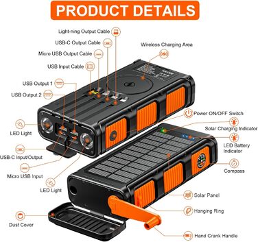 Портативний зарядний пристрій Powerbank 26800 mAh з сонячною панеллю та ручкою, 4 кабелі, USB-C, швидка зарядка, 7 виходів, 4 входи, для мобільного телефону, водонепроникний, зовнішній акумулятор для кемпінгу, оранжевий