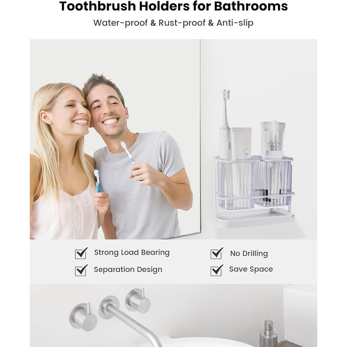 KONE Toothbrush Holder, Wall Mount, Bathroom, Hanging Electric Toothbrush Holder with 2 Removable Compartments, Drainage, Dry and Wet Separation for Bathroom, Kitchen, Family (white)