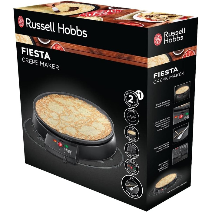 Електрична млинниця Russell Hobbs Fiesta 30 см, антипригарна, з лопаткою і розподільником тіста, 1000 Вт, для млинців, панкейків, буріто, галет, тако