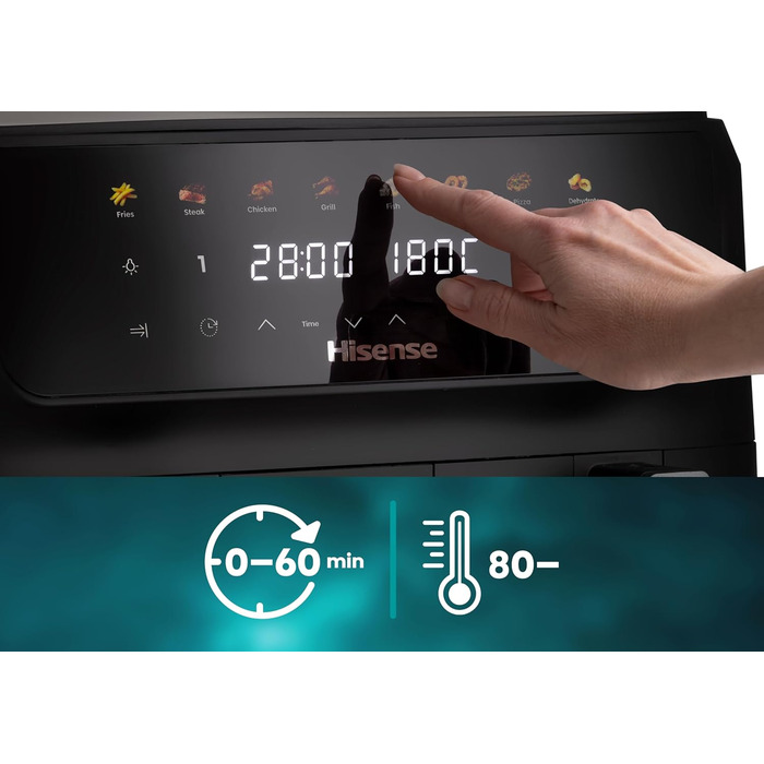 Фритюрниця повітряна Hisense HAF2700DCD, 2700 Вт, 11 л, 8 програм, антипригарне покриття, дисплей, енергоефективна, SyncServe, чорний, подвійний кошик