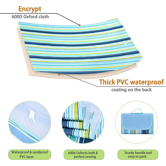WAIZHIUA велика пікнікова ковдра 200 x 200 см, вологостійка, для пляжу, парку, кемпінгу, сімейних концертів, похідів, блакитна