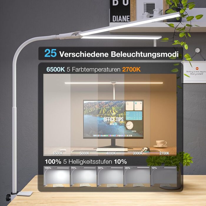 LED лампа настільна для офісу та дому, світло для монітора, 1400 люмен, регульована яскравість, кріплення-прищіпка, світло для робочого столу, гнусий «лебединий шия», подвійний насадка, 5 режимів кольору та рівнів яскравості, білий колір, 80 см