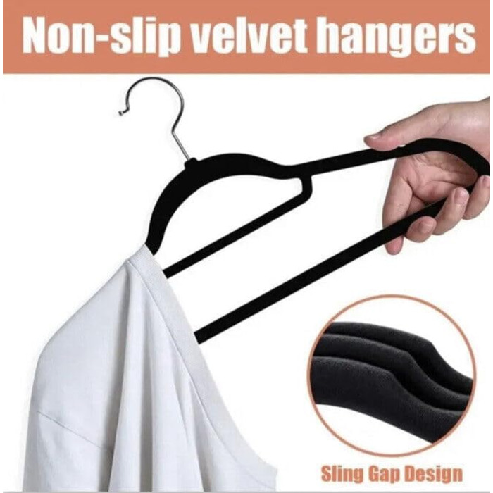 50 шт. Чорні велюрові вішалки для одягу з нековзким покриттям, для костюмів та краваток, з поворотним механізмом 360°, сріблясті