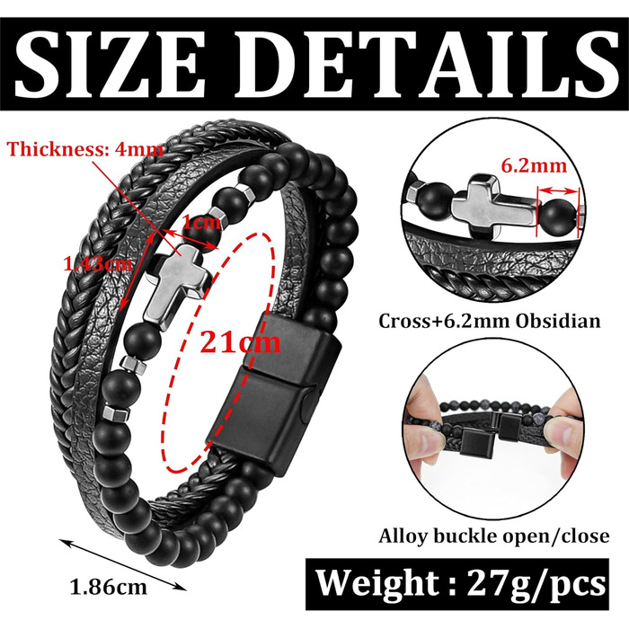 Чоловічий шкіряний браслет з хрестом, розарій, чорний/коричневий, аксесуар для чоловіків та хлопців