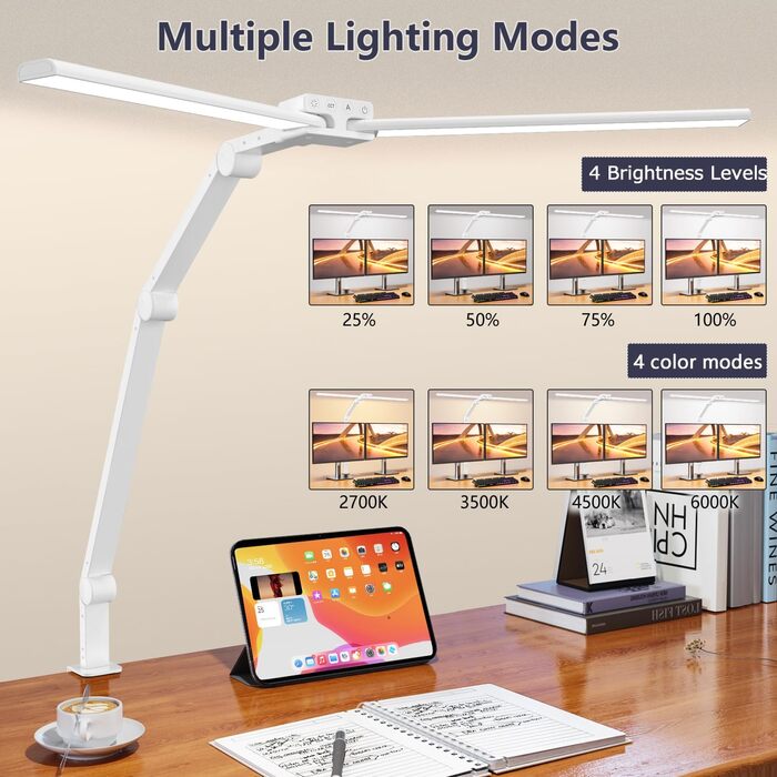 KableRika LED Desk Lamp - Dimmable 24W 80cm Dual-Head Desk Lamp with Clamp, 1200lm Eye Protection, Adjustable Gooseneck, Monitor Light, Daylight Lamp, Auto-Dimming (White)