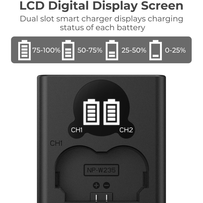 Зарядний пристрій K&F CONCEPT NP-W235 з LED-дисплеєм, Dual Slot, Micro USB та Type-C, сумісний з Fujifilm X-T5, X-T4, GFX 100S, X-H2S, GFX 50S II, VG-XT4. Підтримка передачі даних.