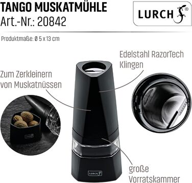 Млинок для мускатного горіха Lurch Tango з нержавіючим лезом, пластик, 5x5x13 см, чорний