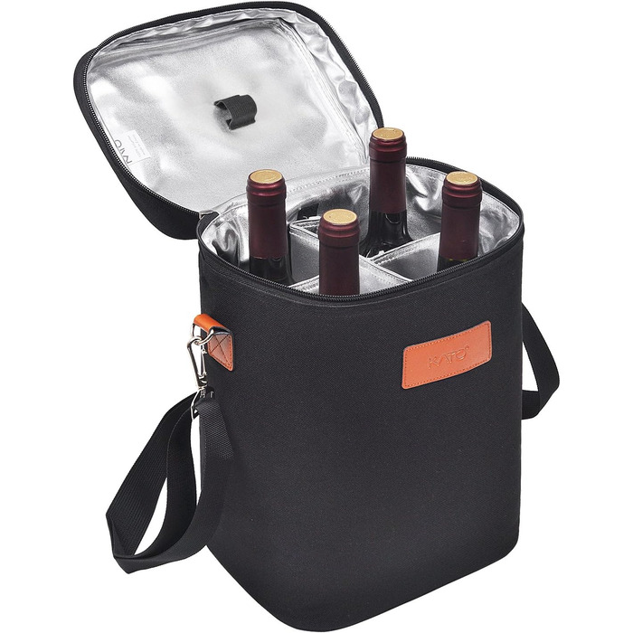 Kato Tirrinia Insulated Wine Cooler Bag, 4 Bottle Cooler Bag Wine Bag Beverage Bags with Handle and Adjustable Shoulder Strap, Gift for Wine Lovers for Picnic, Party, Beach (Cooler for 4 Bottles - Black)