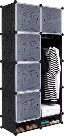 NAIZY Wardrobe Black DIY Plastic Shelf System Closet Organizer with Door, Plug-in Shelf System, Plastic Cabinet (16 Cubes, with 2 Clothes Rails) (8 Cubes, with Shoe Cabinet)