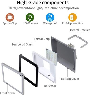 LED Floodlight Outdoor 100W Outdoor Spotlight | LED Floodlight Floodlight Outdoor Searchlight Cold White | Super Bright 10000LM 6000K Cold White IP65 Waterproof Floodlight Wall Light for Garden Sports Field