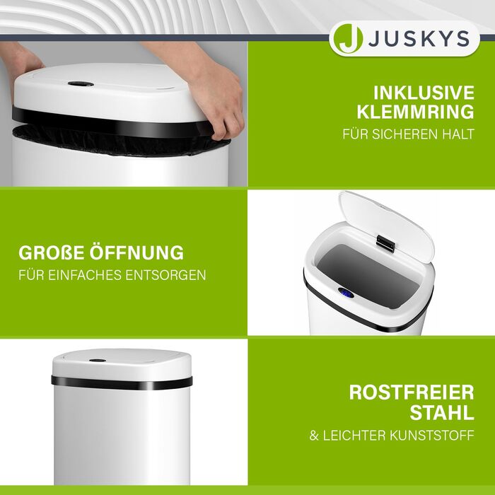 Відро для сміття Juskys з датчиком руху, 60 л, білий. Кутовий контейнер з кришкою-затискачем для сміттєвих пакетів, нержавіюча сталь, безконтактне відкривання
