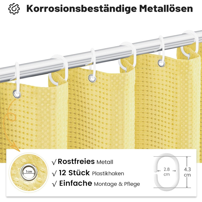 Шторка для душу BTTN вафельна, 180x200 см, антигрибкова, важка, водонепроникна, текстильна, з 12 гачками, зелена