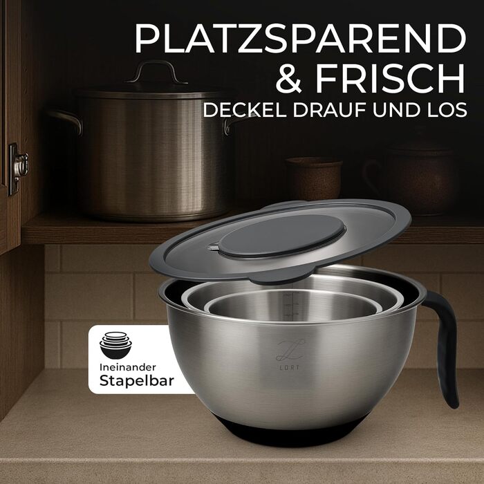 Набір мисок для перемішування Lort з нержавіючої сталі з кришкою та тертками | Набір кухонних мисок з антиковзким дном та можливістю складання | Салатник з 3 насадками-терками | Можна мити в посудомийній машині, нержавіюча сталь