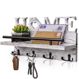 Дерев'яний органайзер для ключів з полицею на стіну - 7 гачків, Rustic дизайн (білий)