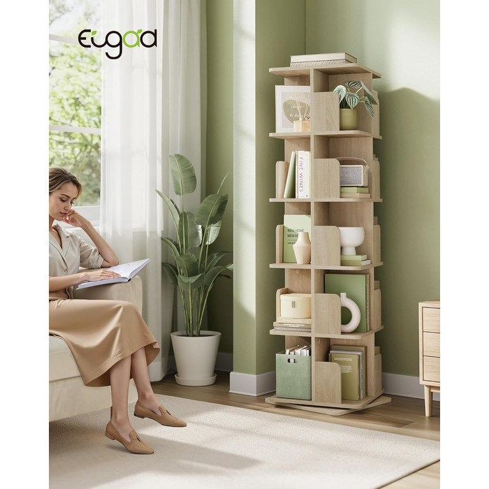 EUGAD Swivel Bookshelf Room Divider Standing Shelf Rotating Shelf Office Shelf Decorative Shelf 360° Freely Swivelable with 4 Levels MDF 39.5x128x39.5 cm 4 Levels (39.5W x 128H x 39.5D cm) (5 Levels (40W x 155H x 40D cm), Light Oak)