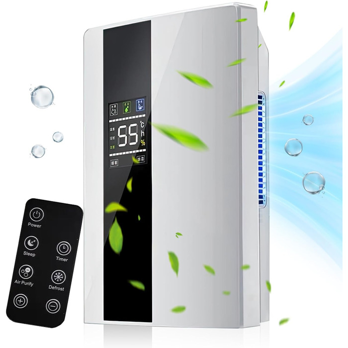Електричний осушувач повітря 2-в-1 з очищувачем, тихий для дому, LED-дисплей, інтелектуальне керування вологістю, таймер 24 год, пульт ДУ
