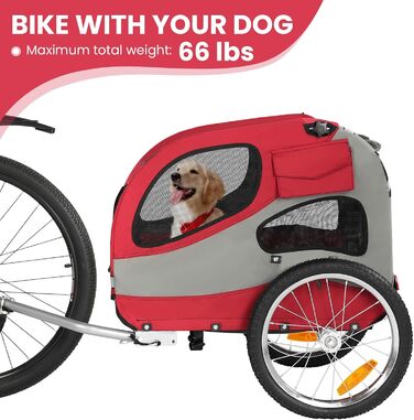 Причіп для велосипеда для собак, складаний, з відбивачами безпеки, сумкою для зберігання, м'яким внутрішнім простором та страхувальними повідками, для собак до 30 кг, червоний