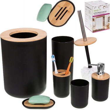 Набір аксесуарів для ванної кімнати чорного кольору: ергономічна щітка для унітазу, кошик для сміття та мильниця