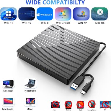 Зовнішній DVD-накопичувач USB 3.0 та Type-C, портативний CD/DVD +/-RW записувач для ноутбука, ПК, MacBook, iMac (Windows, macOS, Linux), чорний