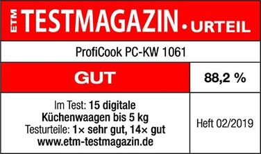 Кухонні ваги ProfiCook PC KW 1061: цифрові, з тарою, до 5000г, нержавіюча сталь, LCD-дисплей