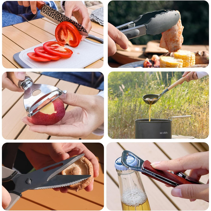 Набір кухонного приладдя для кемпінгу Sadodo: 11 предметів, з органайзером та сумкою, силікон та нержавіюча сталь