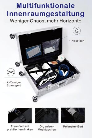 Чемодан ручної об'єм 55 см з алюмінієвим каркасом та полікарбонатом Yuweijie, 35L, 4 колеса, TSA-замок, срібний