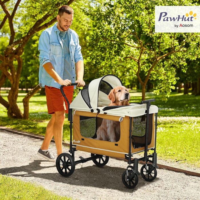 PawHut 2-в-1 візок для собак та котів, розкладний, до 30 кг, з подушкою, сітковими віконцями, 2 дверима, кишенькою для зберігання, коричневий